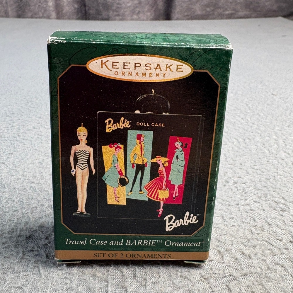 1999 Hallmark Keepsake Travel Case and Barbie Miniature Ornament Set QXI6129